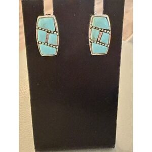 Vintage Sterling Silver 925 Rope Channel Inlay Turquoise Earrings #354